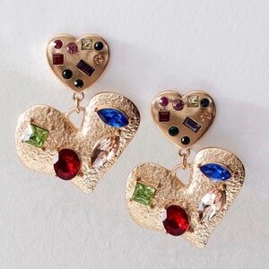 Free People My Everything Dangles Gold Heart Earrings with Multicolor Stones NWT